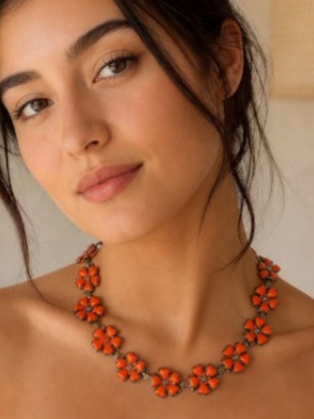 Vintage Orange Thermoset & Rhinestone Brass-Tone Floral Statement Necklace - Picture 3 of 14